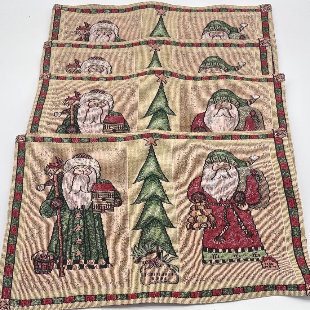 Vintage Lot of 4 Cloth Embroidered Santa Old Man Christmas Placemats